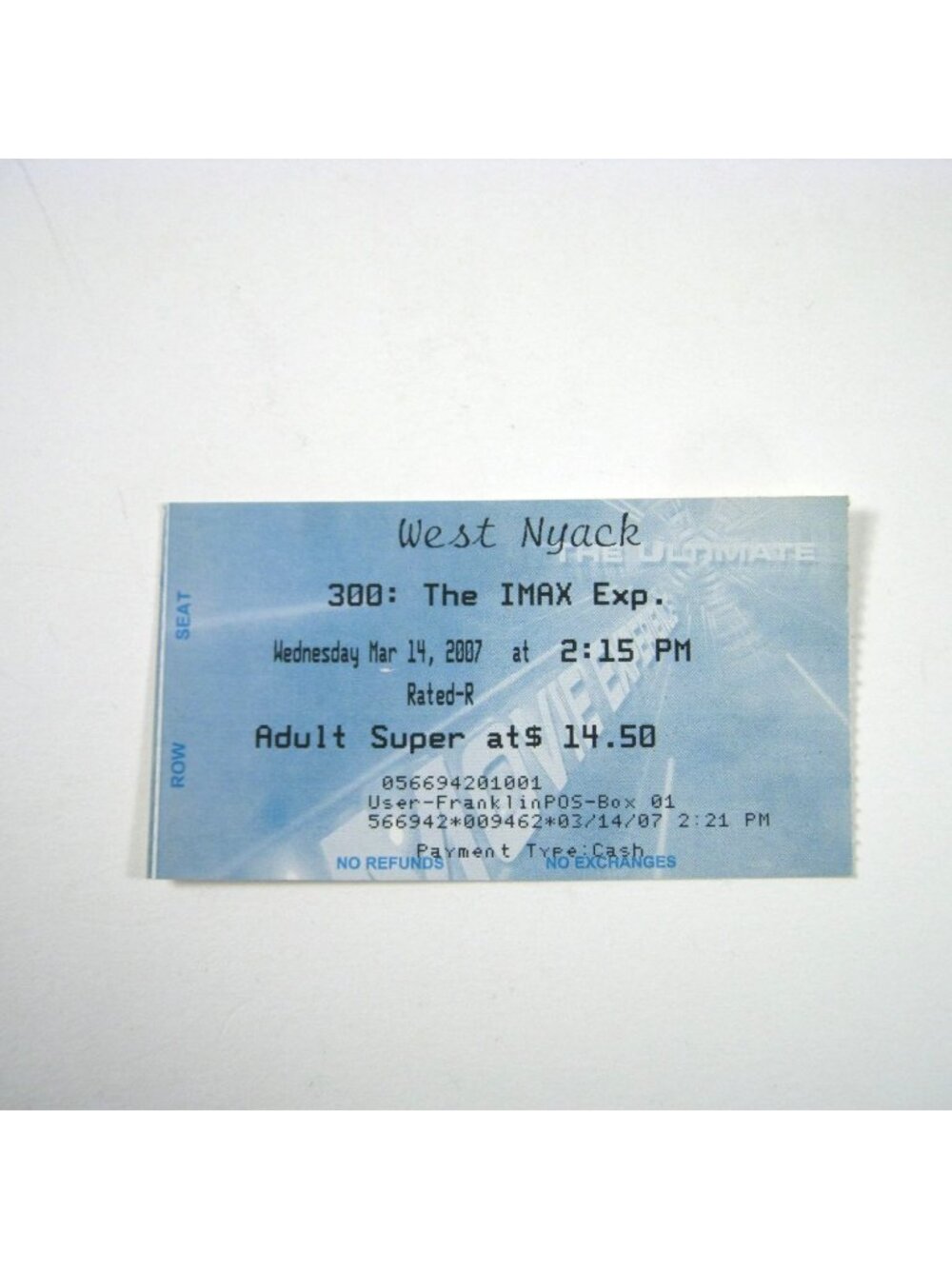 300 IMAX Collectible Movie Ticket 2007 West Nyack Rated R Stub New York